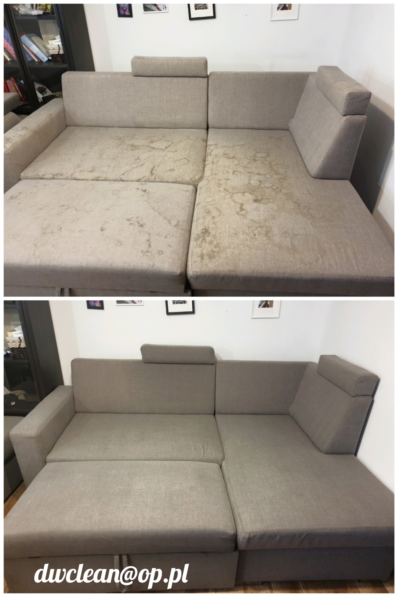 Dwuetapowe ujęcie narożnika z jasną tapicerką: widoczne plamy przed i czysta powierzchnia po zabiegu czyszczenia.
