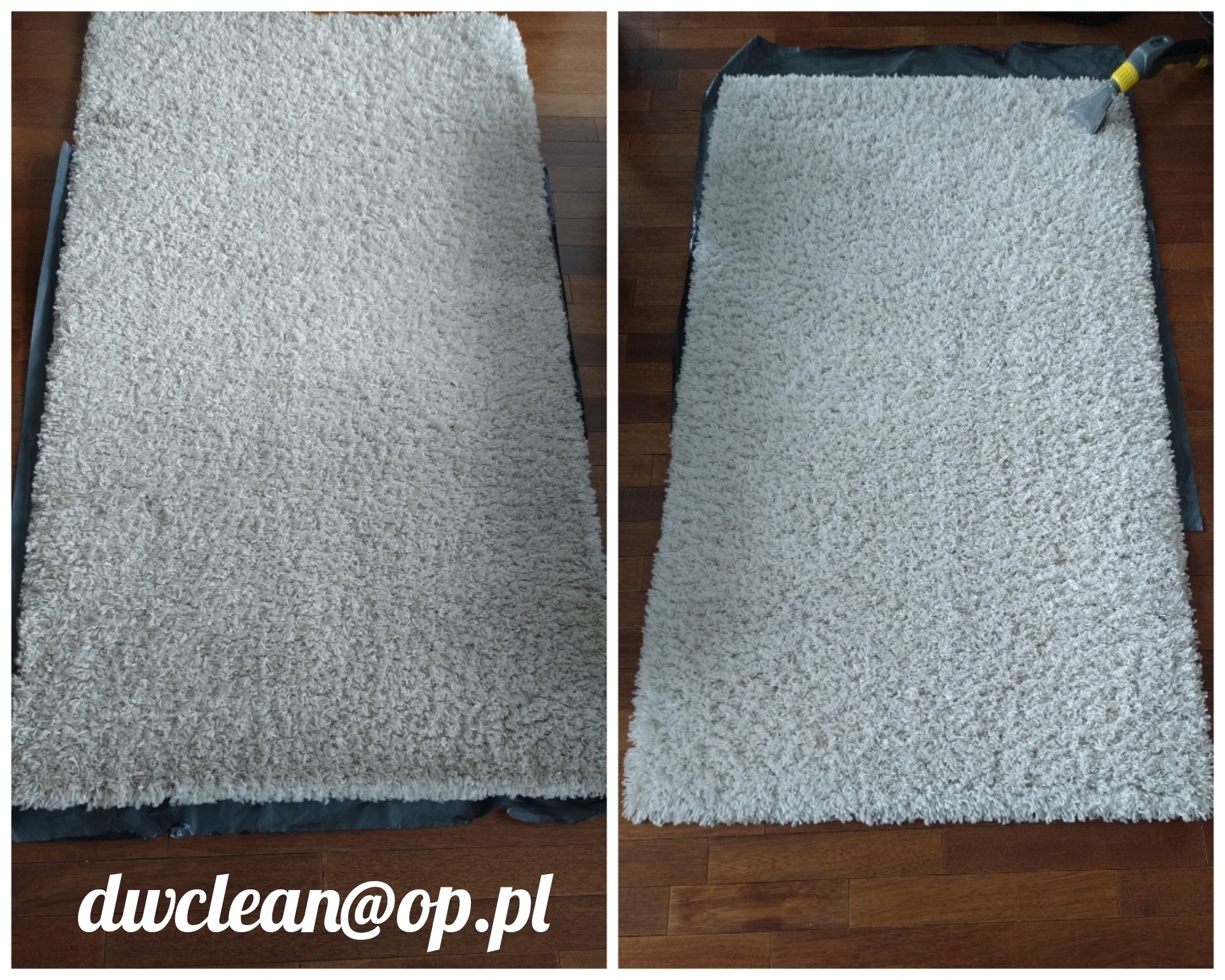 Porównanie stanu dywanu shaggy przed i po czyszczeniu parowym, widoczna różnica w kolorze i strukturze włókien, na drewnianej podłodze, z dyszą parową w prawym górnym rogu.