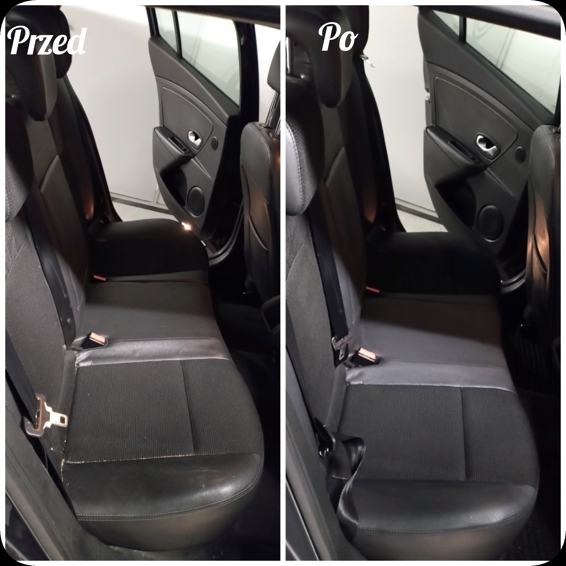 Porównanie czystości tylnej kanapy samochodowej przed i po czyszczeniu, widoczne różnice w odcieniu i usunięte zabrudzenia na materiale.
