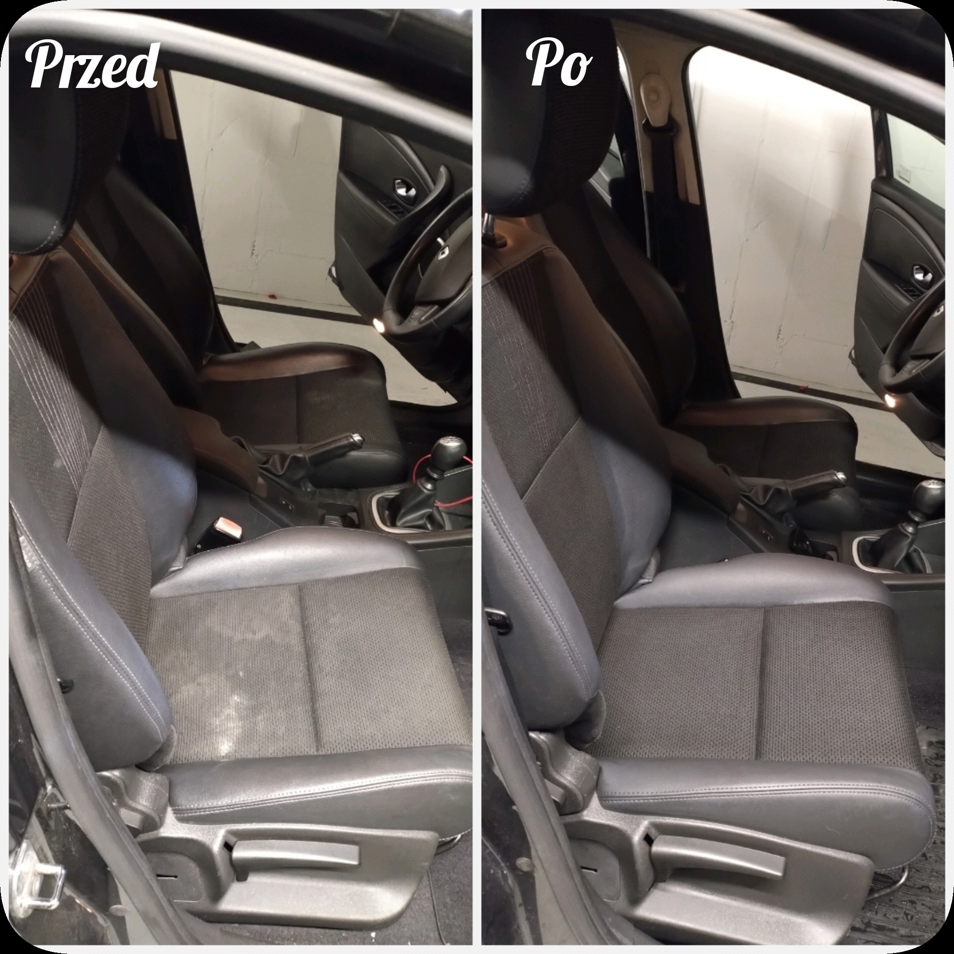 Tapicerka samochodowa, fotel kierowcy, porównanie przed i po czyszczeniu, widoczne plamy i zabrudzenia usunięte.