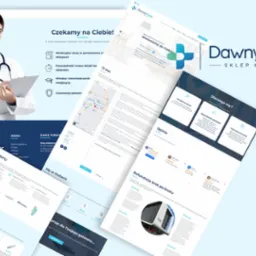Układ graficzny strony internetowej sklepu medycznego DawnyAnwer.pl, prezentujący sekcję 'Czekamy na Ciebie!' z uśmiechniętą lekarką trzymającą clipboard, obok widoczne menu, dane firmy i sekcja...
