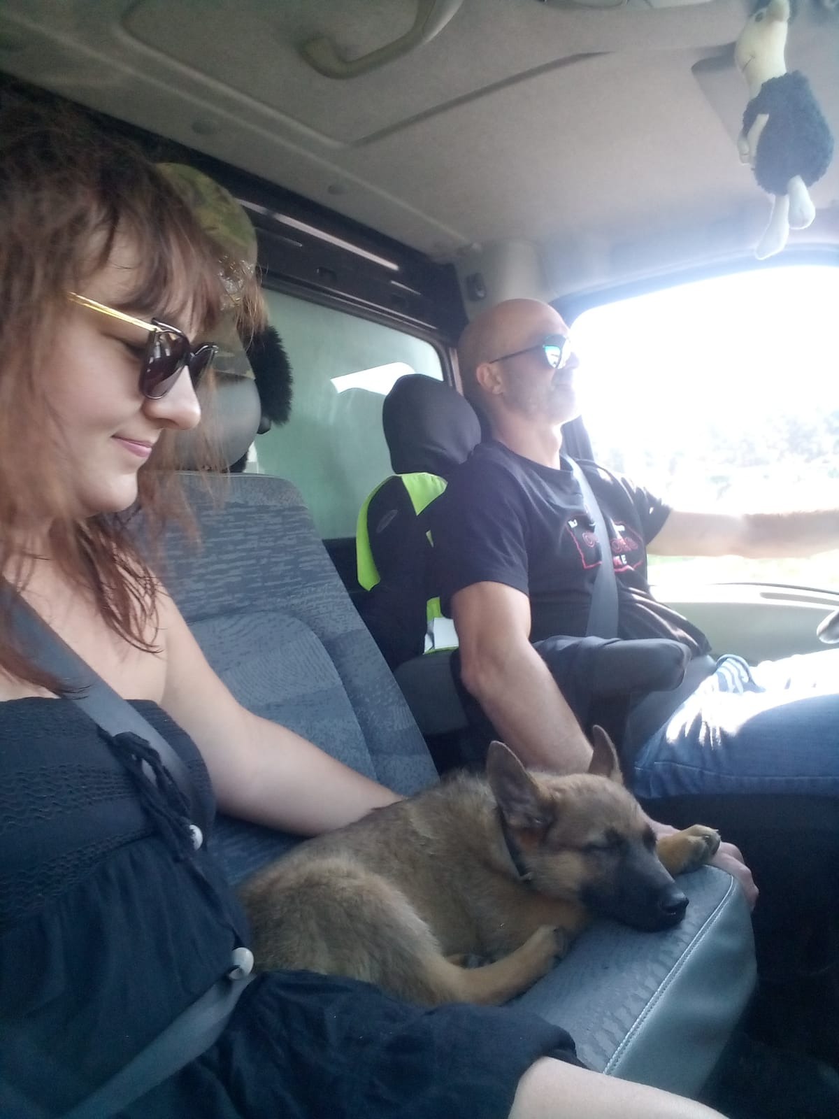 Wnętrze busa: kobieta z psem śpiącym na kolanach, mężczyzna prowadzi pojazd, oboje w okularach przeciwsłonecznych.