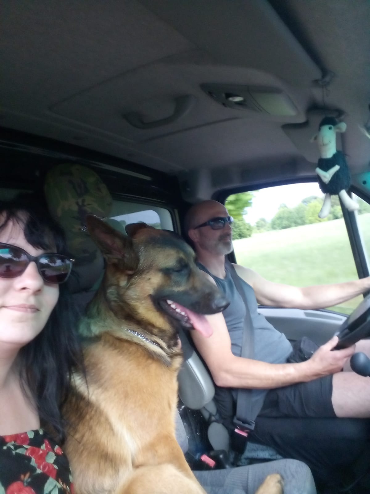 Załoga w busie podczas transportu z Łęga: kobieta, mężczyzna za kierownicą i owczarek niemiecki na siedzeniu pasażera. Pluszowa owca w tle.