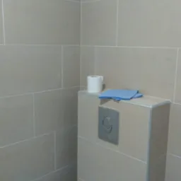 Wykończona toaleta z beżowymi, prostokątnymi płytkami ceramicznymi ułożonymi poziomo, rolka papieru toaletowego i złożona niebieska ściereczka na obudowie spłuczki