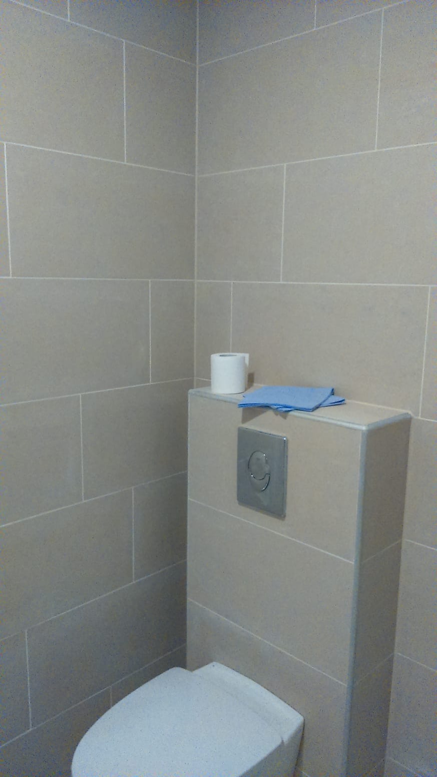 Wykończona toaleta z beżowymi, prostokątnymi płytkami ceramicznymi ułożonymi poziomo, rolka papieru toaletowego i złożona niebieska ściereczka na obudowie spłuczki