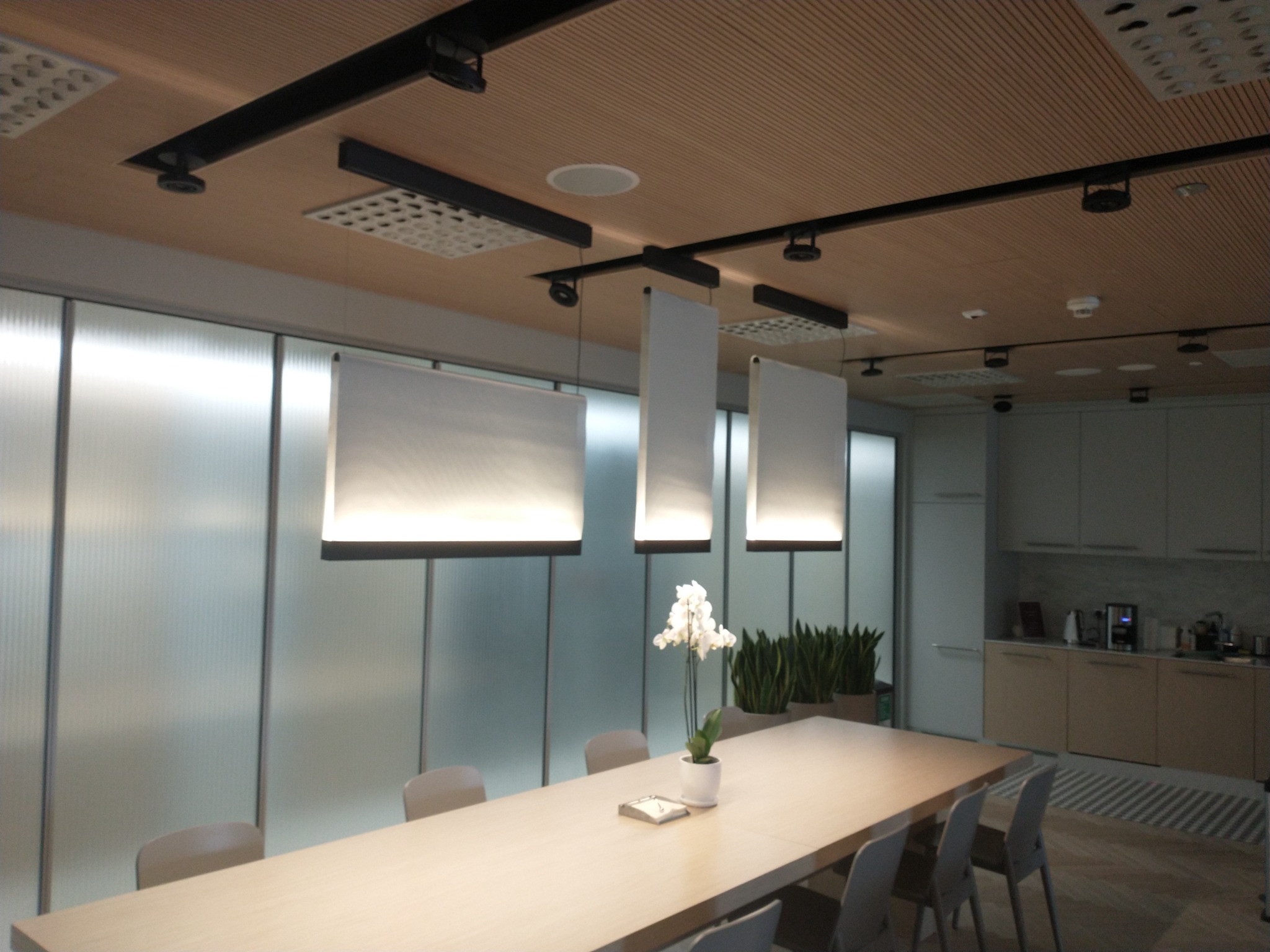 Nowoczesna sala konferencyjna z podwieszanymi lampami LED, długim stołem z białym storczykiem w doniczce i szarymi krzesłami, panele ścienne z efektem szkła mrożonego, drewniany sufit z czarnymi...