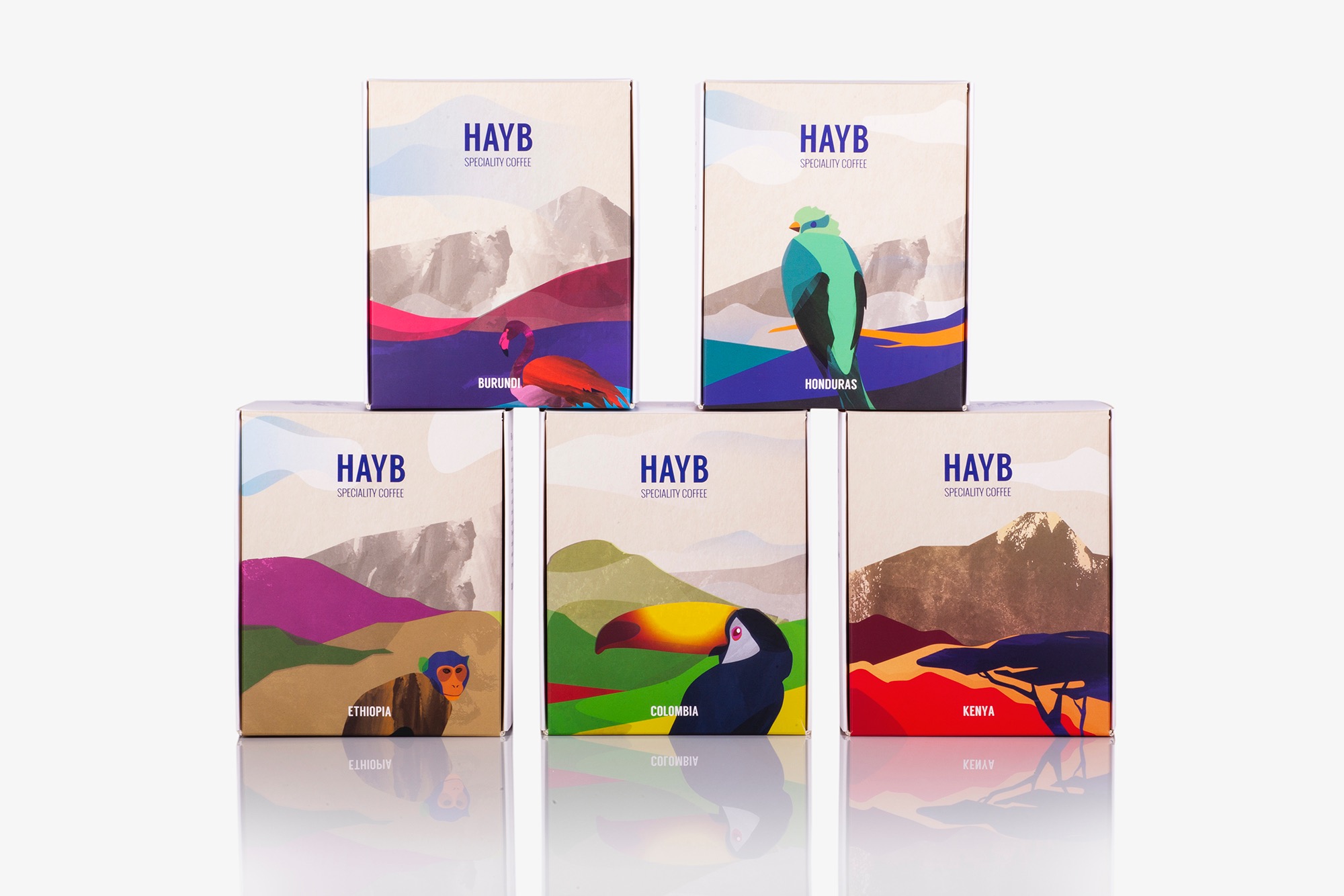 Pięć pudełek kawy speciality HAYB z ilustracjami zwierząt i krajobrazów z Burundi, Hondurasu, Etiopii, Kolumbii i Kenii, ułożonych na białym tle z odbiciem.
