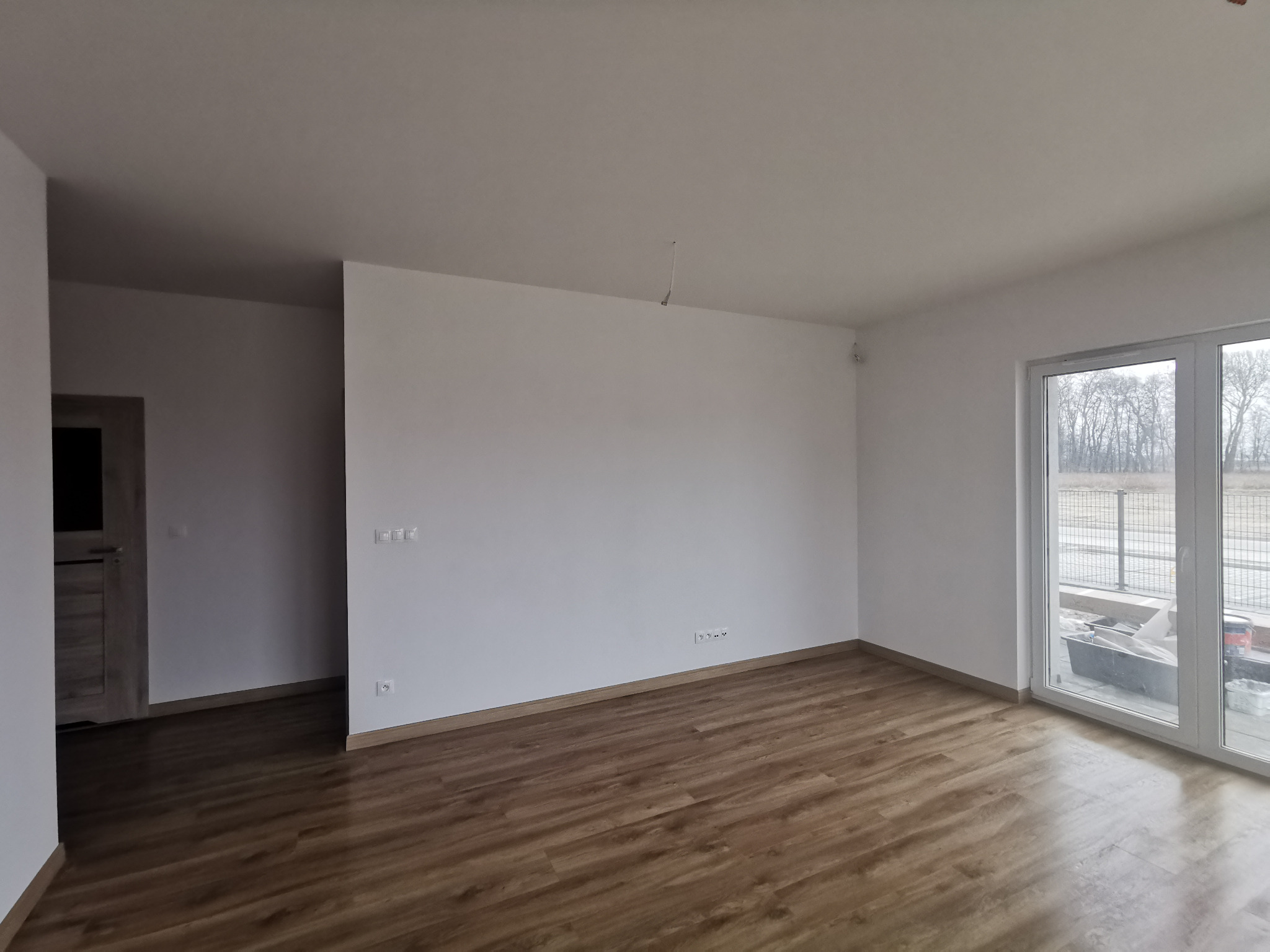 Puste, jasne pomieszczenie z panelami podłogowymi imitującymi drewno, świeżo pomalowane ściany na biało, widoczne gniazdka elektryczne i włączniki, przez okno widok na zewnątrz z elementami...