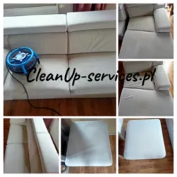 Jasna, modułowa kanapa po czyszczeniu, z widocznym wentylatorem wspomagającym suszenie i zbliżeniami na czyste fragmenty tapicerki.