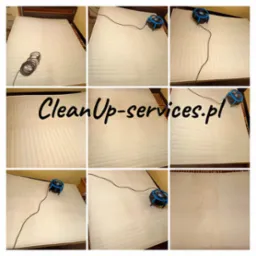 Kolaż dziewięciu zdjęć materaca przed, w trakcie i po czyszczeniu, z użyciem suszarki wentylatorowej. Na środkowym zdjęciu widoczny napis CleanUp-services.pl.
