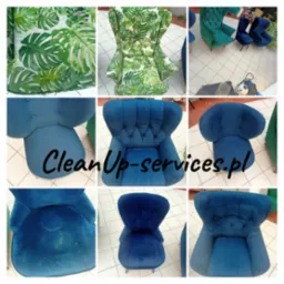 Kolaż przedstawiający różne fotele, w tym fotel z motywem liści monstery, zielony fotel uszak i niebieskie fotele, z uwzględnieniem detali tapicerki przed i po czyszczeniu, oraz logo firmy...