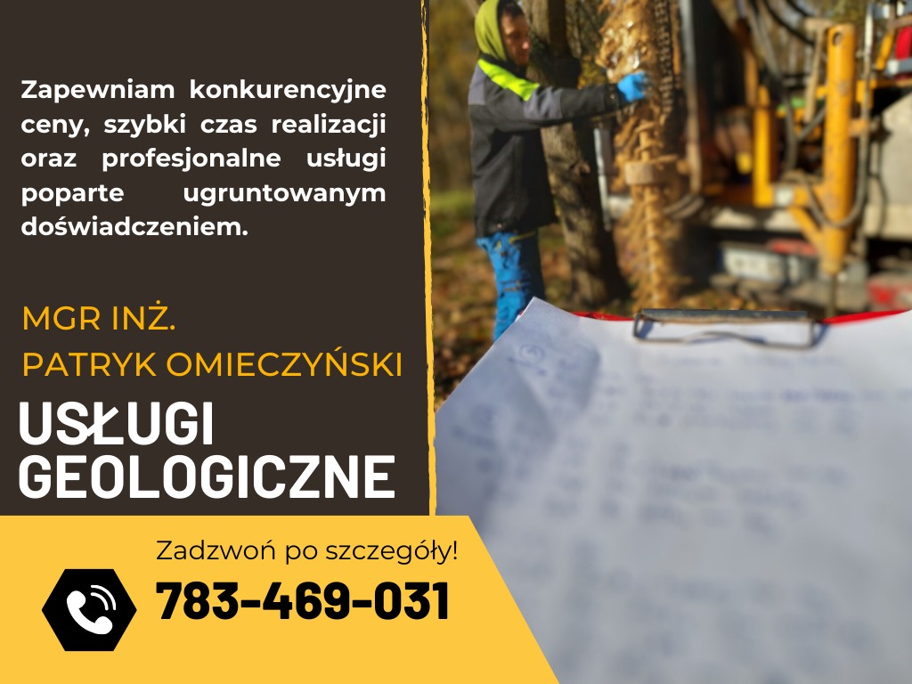 Pracownik w odzieży roboczej obsługuje wiertnicę geologiczną, w tle drzewa, na pierwszym planie fragment dokumentu na podkładce. Reklama usług geologicznych z numerem telefonu.