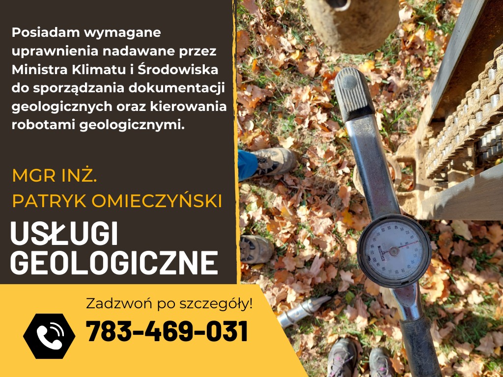 Reklama usług geologicznych: zbliżenie na wiertnicę z manometrem na tle jesiennych liści i ziemi, obok fragment tekstu informującego o uprawnieniach i danych kontaktowych.