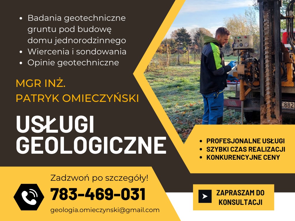 Mężczyzna w roboczym ubraniu obsługuje wiertnicę do badań gruntu na zewnątrz, w tle drzewa.