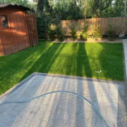 Świeżo skoszony trawnik z drewnianą szopą narzędziową w rogu, widok z góry na kostkę brukową i zwinięty wąż ogrodowy, w tle bambusowe ogrodzenie i zieleń drzew.