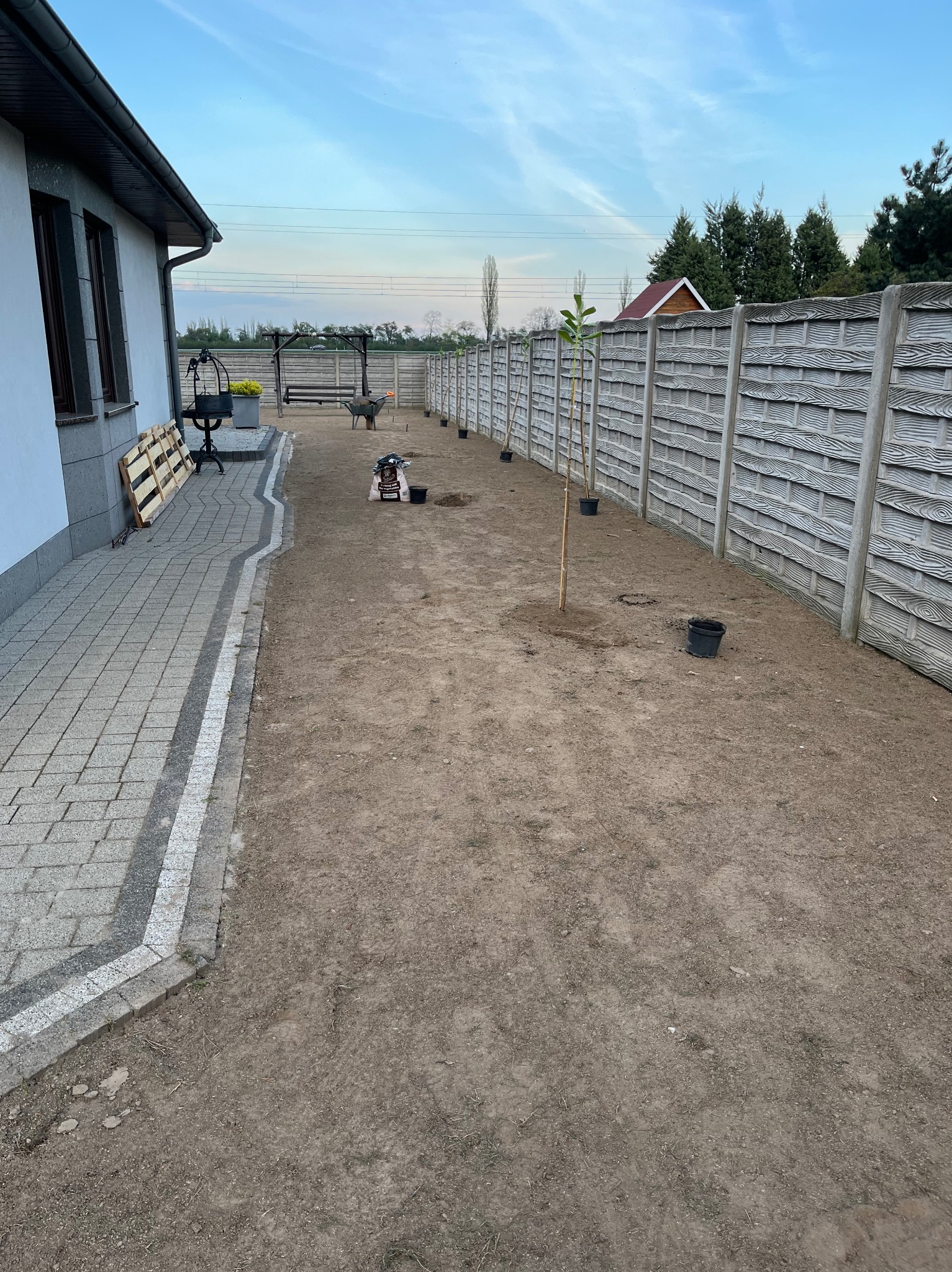Przygotowany teren pod sadzenie drzewek owocowych wzdłuż betonowego płotu, widoczne sadzonki w doniczkach i worki z ziemią, w tle dom z kostki brukowej.