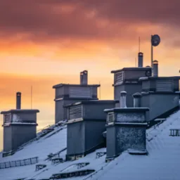 Ośnieżony dach budynku z licznymi kominami wentylacyjnymi i antenami na tle pomarańczowo-r&oacute;żowego nieba o zmierzchu.