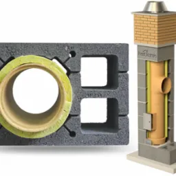 Przekrój komina systemowego z pustaków betonowych z wkładem ceramicznym i izolacją z wełny mineralnej, model 3D.
