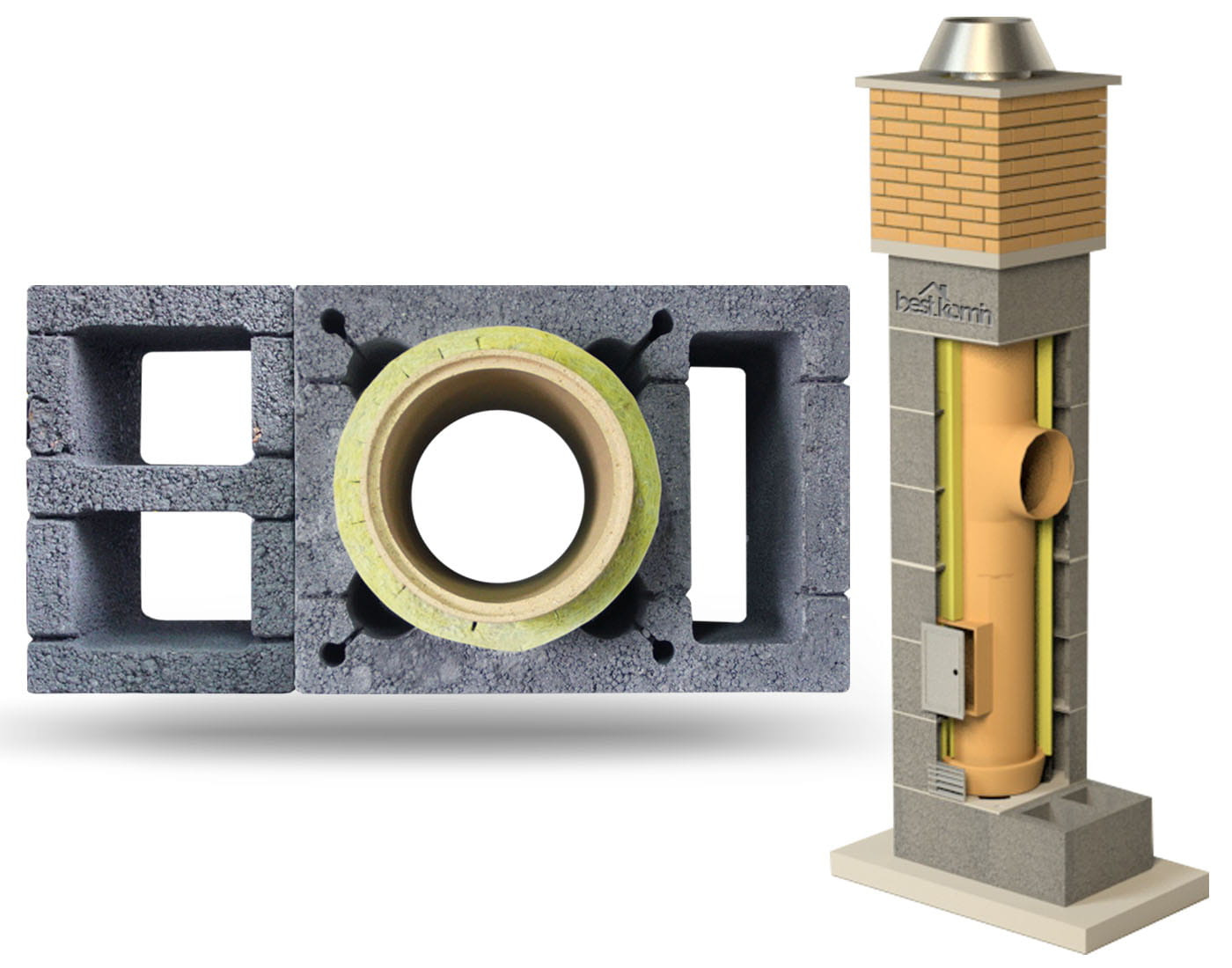 Przekrój komina systemowego z pustaków betonowych, widoczny wkład ceramiczny z wełną izolacyjną oraz elementy konstrukcyjne.