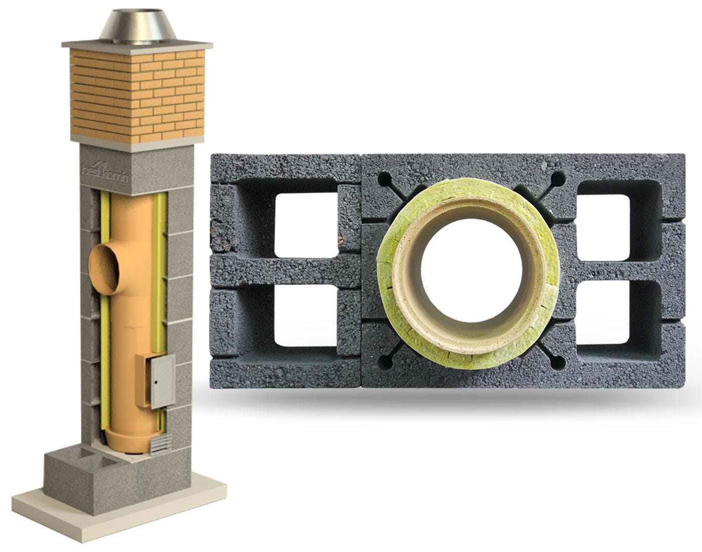 Przekrój komina systemowego z ceglaną obudową, widoczne elementy składowe: pustaki kominowe z otworem na rurę ceramiczną z izolacją.