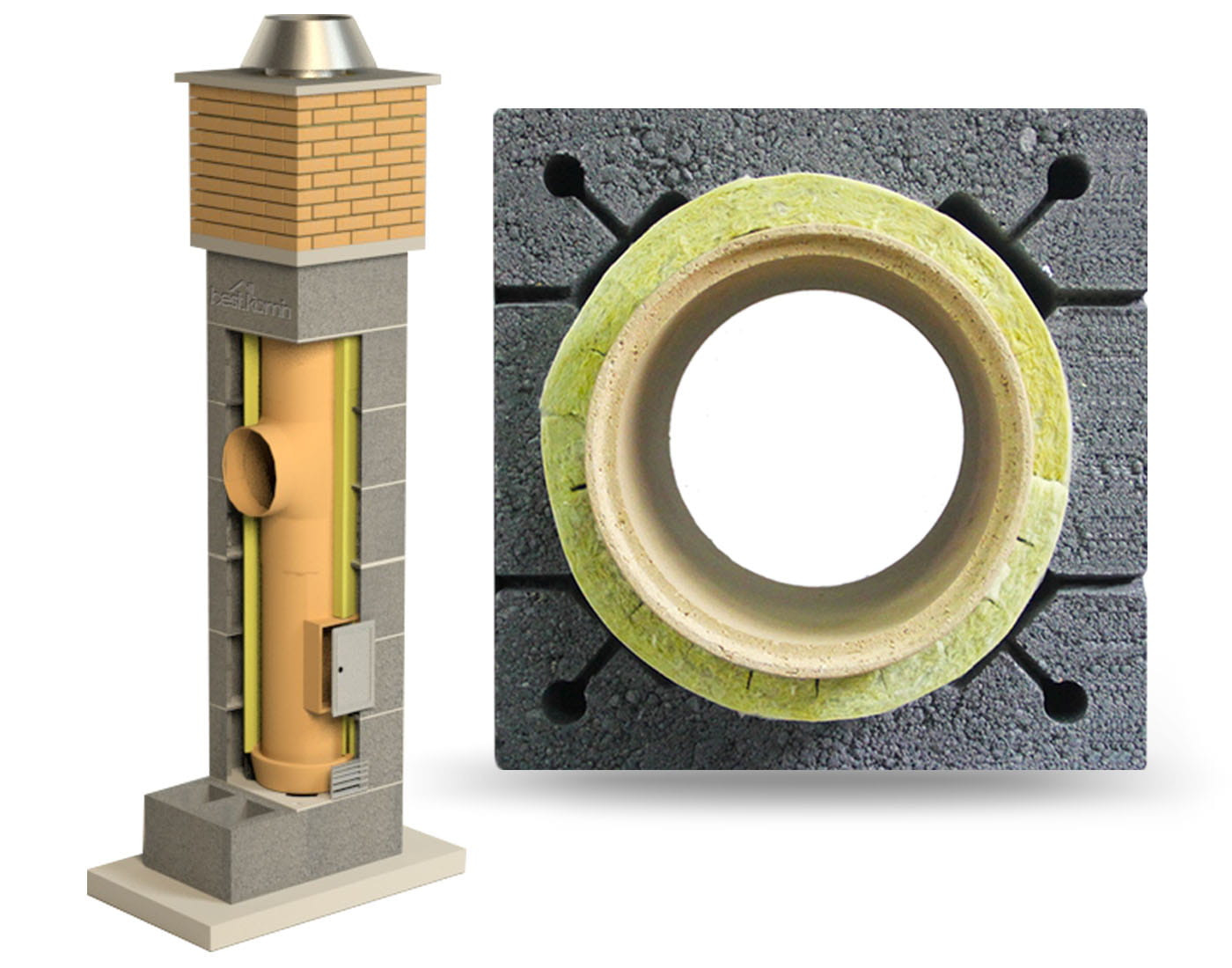 Przekrój komina systemowego z wkładem ceramicznym i izolacją, prezentowany we Wróblewie. Widoczny detal mocowania izolacji do pustaka kominowego.