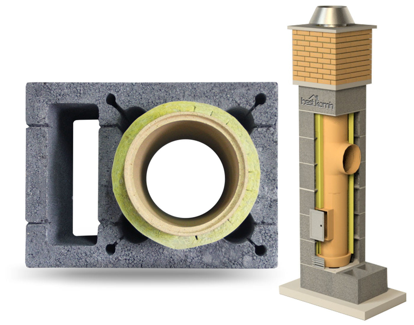 Przekrój komina systemowego z bloczków betonowych z wkładem ceramicznym izolowanym wełną mineralną, widok z góry i przekrój pionowy z oznaczeniami elementów składowych.