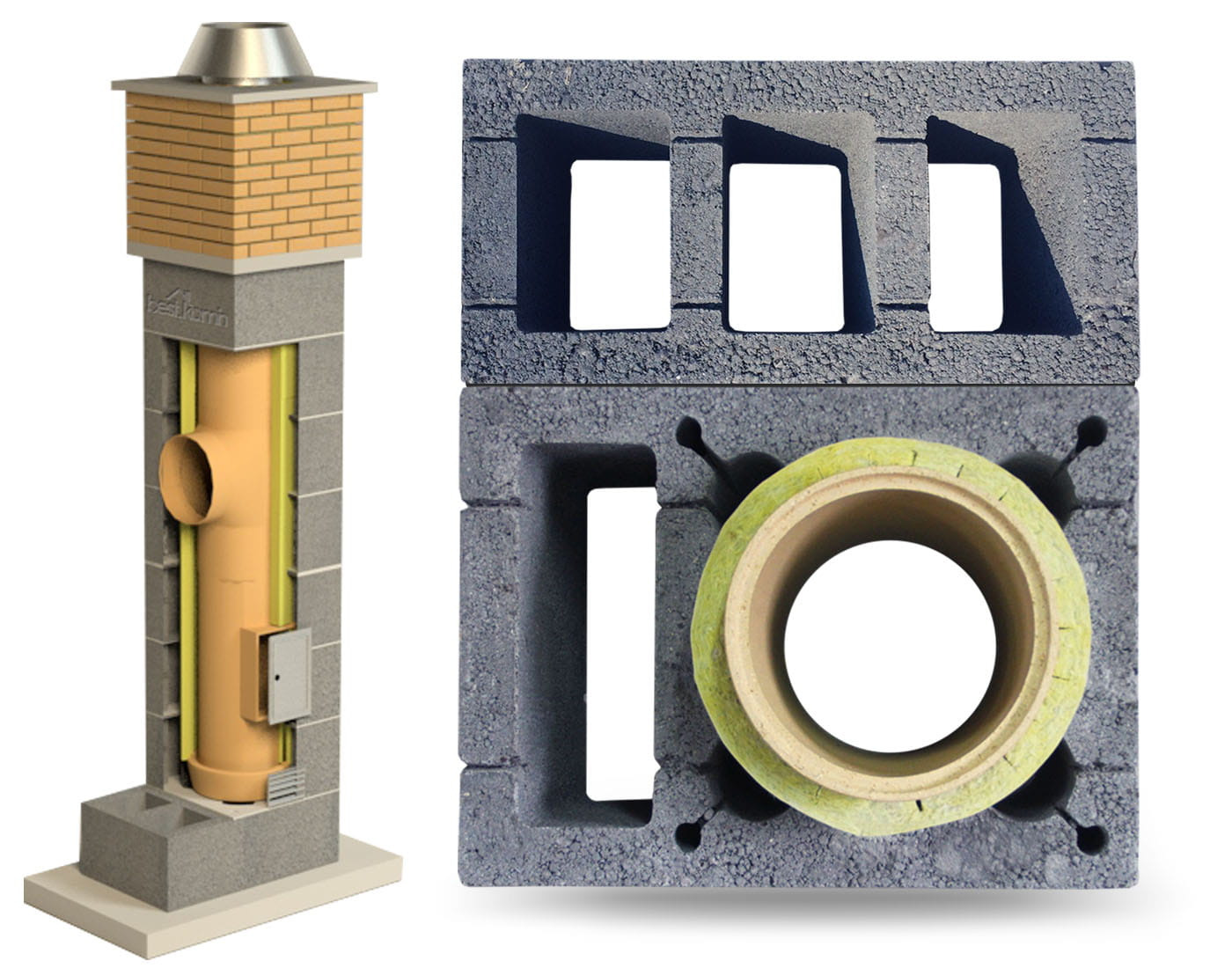 Przekrój komina systemowego z ceglaną obudową, widoczne elementy prefabrykowane betonowe z otworem na rurę spalinową, izolacja i wyczystka.