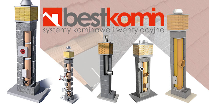 Wizualizacja przekrojów systemów kominowych i wentylacyjnych z elementami ceramicznymi, stalowymi i betonowymi, prezentowana na tle z logo firmy.