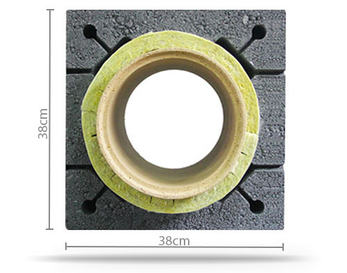 Przekrój ceramicznego wkładu kominowego ocieplonego wełną mineralną, umieszczonego w module z betonu komórkowego o wymiarach 38x38 cm.