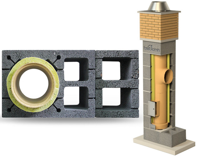 Przekrój komina systemowego z pustaków betonowych z wkładem ceramicznym izolowanym wełną mineralną, widoczny fragment obudowy komina z cegły klinkierowej.