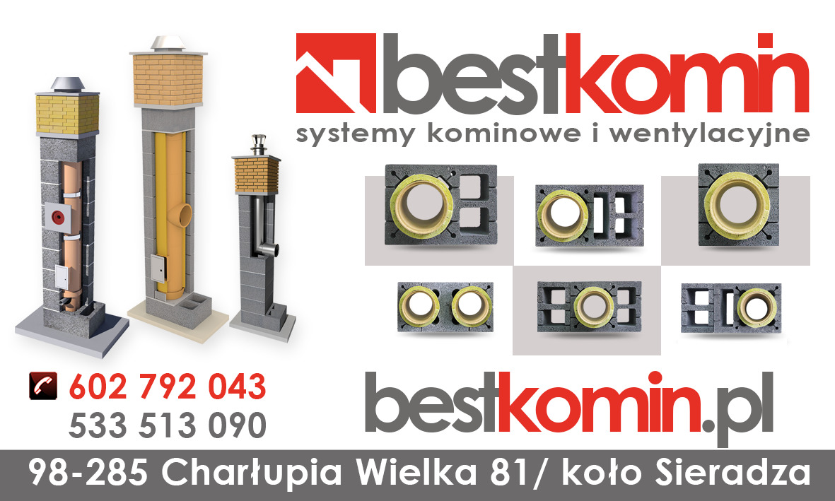 Wizualizacja przekrojów systemów kominowych z elementami prefabrykowanymi, prezentacja komponentów i logo firmy Bestkomin.