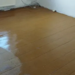 Świeżo umyta, mokra podłoga z desek w pokoju, widoczny grzejnik i kable przy ścianie.