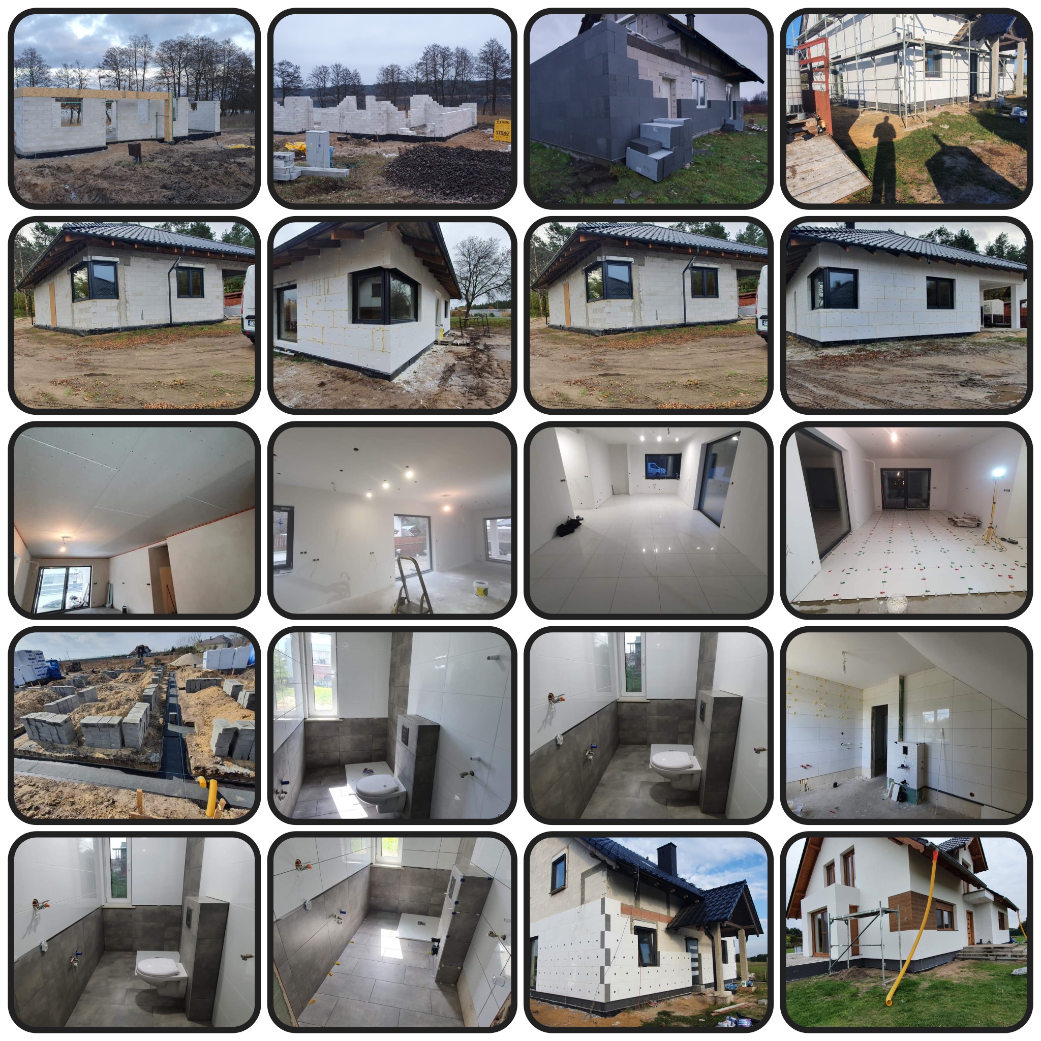 Montaż płytek w szarej łazience z podwieszaną toaletą, widoczne krzyżyki dystansowe i niezamaskowane rury.