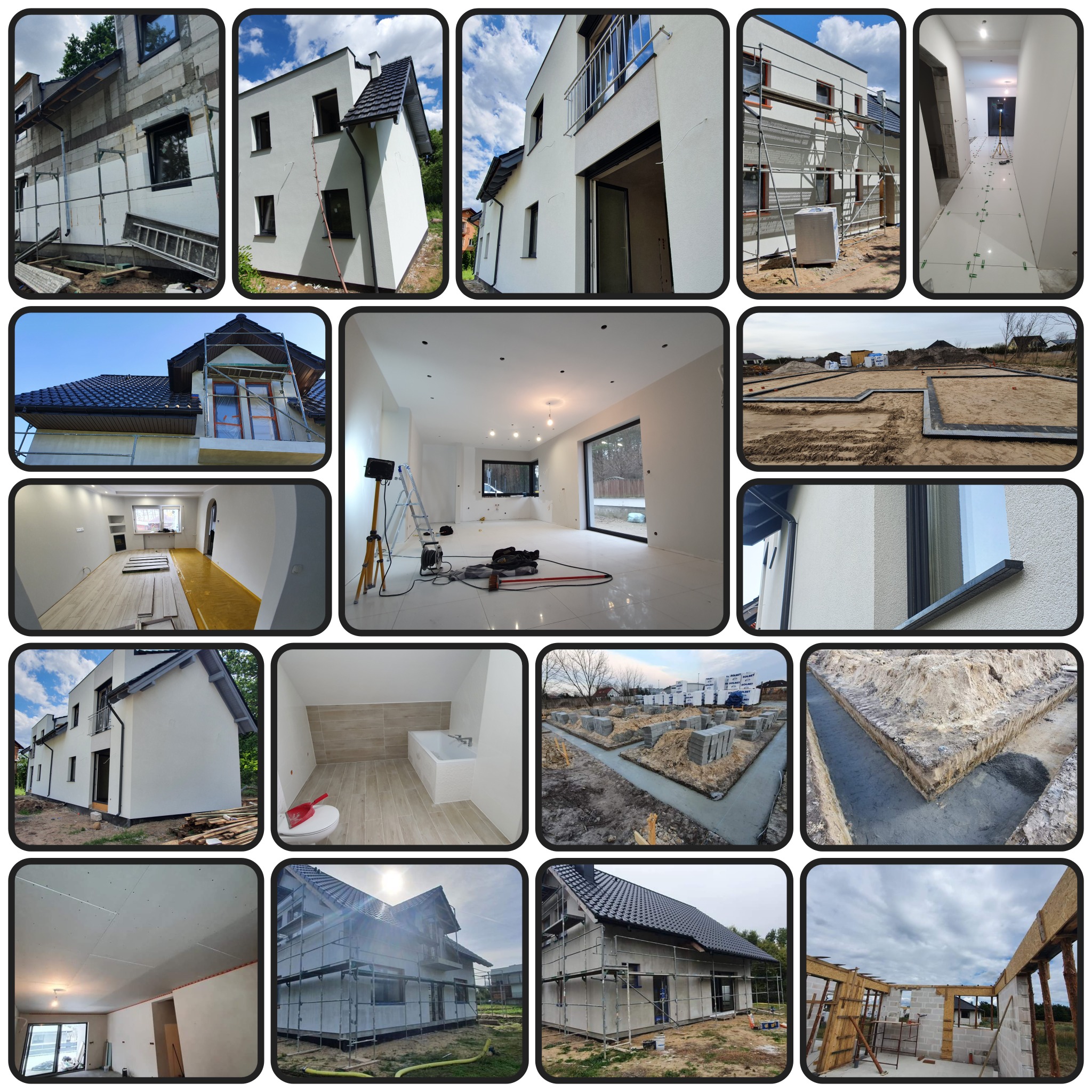 Kolaż zdjęć z różnych etapów budowy i wykończenia domu: izolacja, fundamenty, elewacja, wnętrza przed i po pracach, z detalami jak rusztowania, narzędzia, surowy stan i wykończona łazienka.