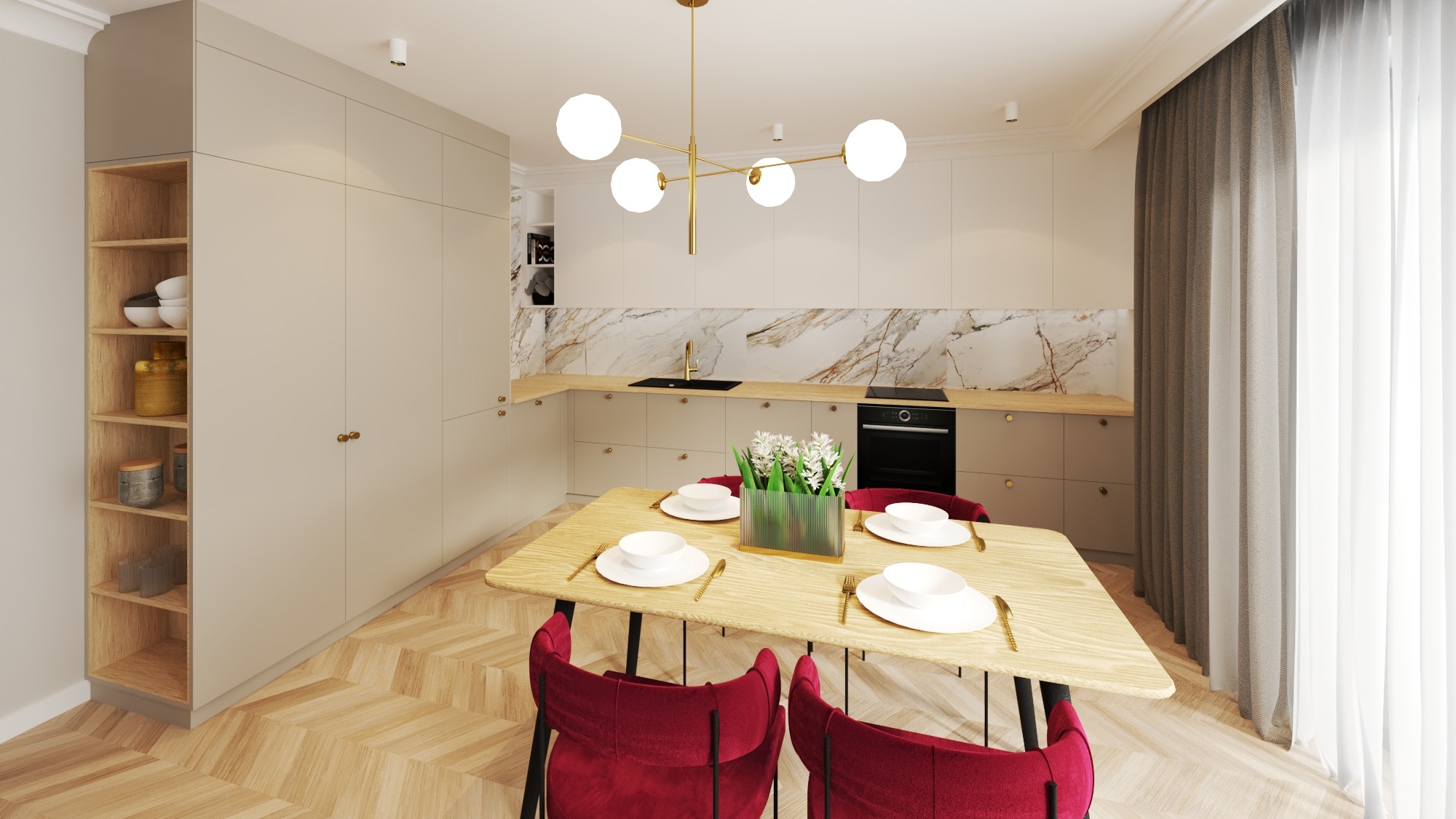 Jasna kuchnia z marmurowym backsplashiem, drewnianym blatem i stołem jadalnym z czerwonymi krzesłami, oświetlona nowoczesną lampą sufitową.