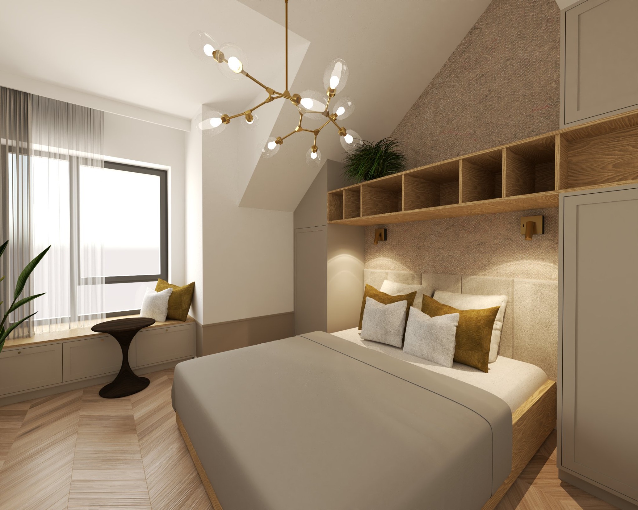 Wizualizacja sypialni z oknem, siedziskiem, okrągłym stolikiem, łóżkiem z beżową pościelą i złotymi poduszkami, drewnianą półką nad wezgłowiem i nowoczesną lampą sufitową.