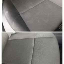 Logo sprzedawcy iTaniePranie - Pranie tapicerki Jastrzębie-Zdrój - Porównanie: górna część fotela samochodowego z widocznymi plamami i zabrudzeniami, dolna część fotela po wyczyszczeniu, ukazująca odświeżoną, jednolitą barwę materiału.