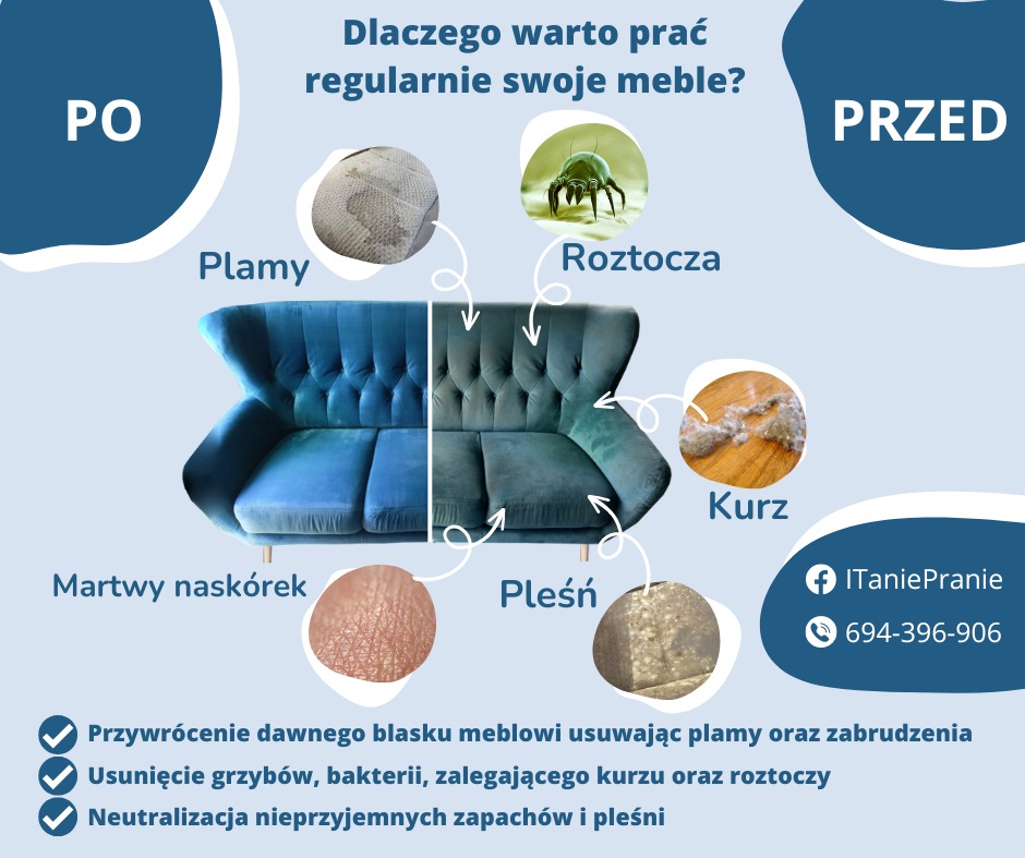 Grafika porównująca wygląd sofy przed i po czyszczeniu, z wizualizacjami plam, roztoczy, kurzu, martwego naskórka i pleśni, podkreślająca korzyści regularnego prania mebli.