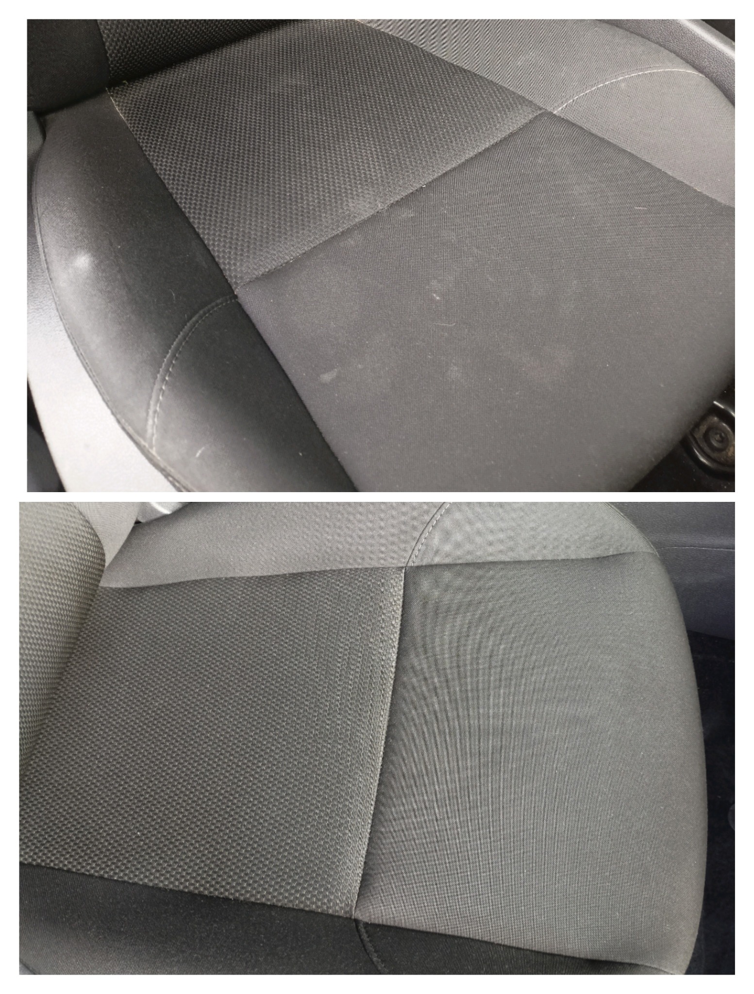 Porównanie: górna część fotela samochodowego z widocznymi plamami i zabrudzeniami, dolna część fotela po wyczyszczeniu, ukazująca odświeżoną, jednolitą barwę materiału.