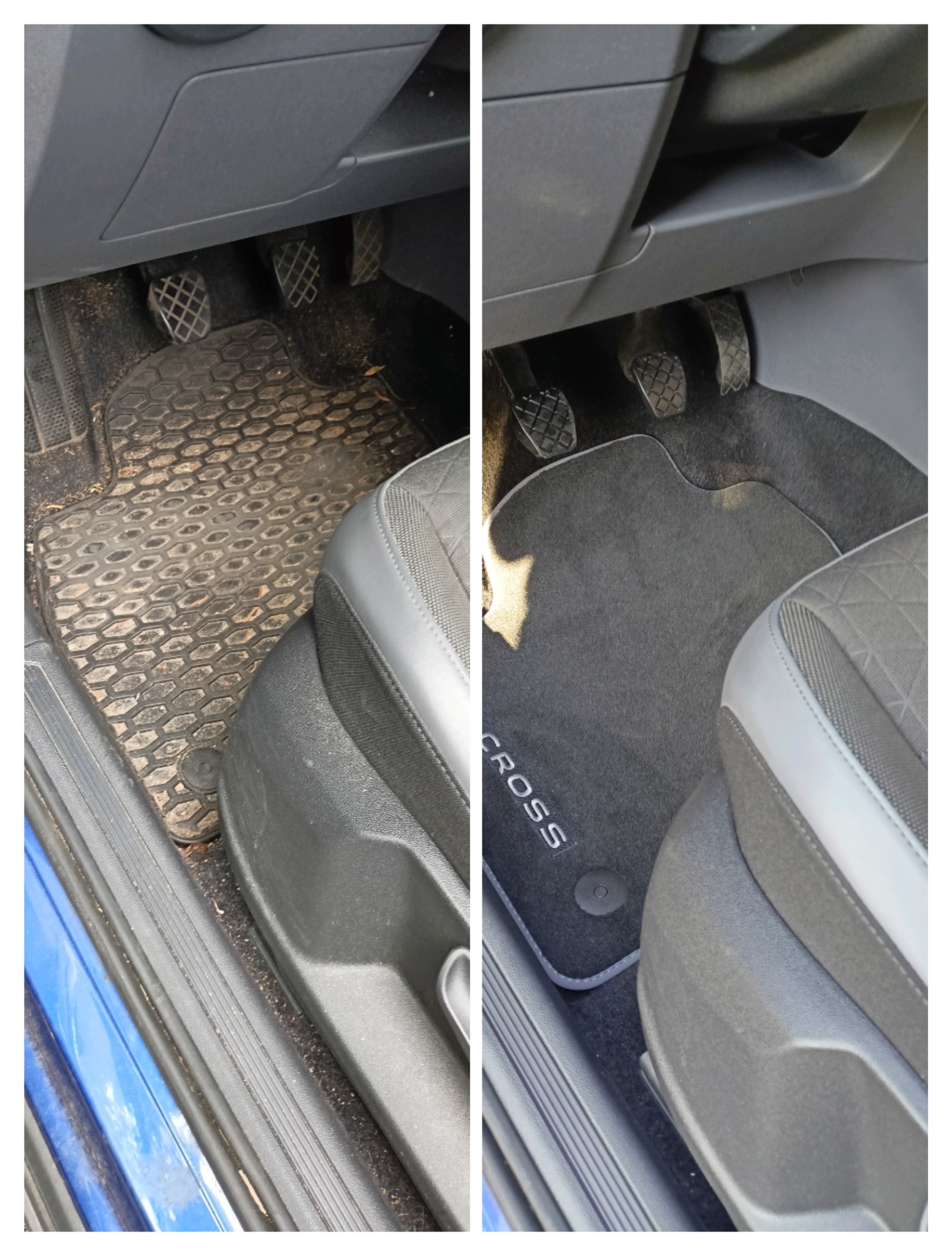 Porównanie: gumowa wycieraczka samochodowa przed i po czyszczeniu, z widocznymi pedałami i fragmentem fotela.
