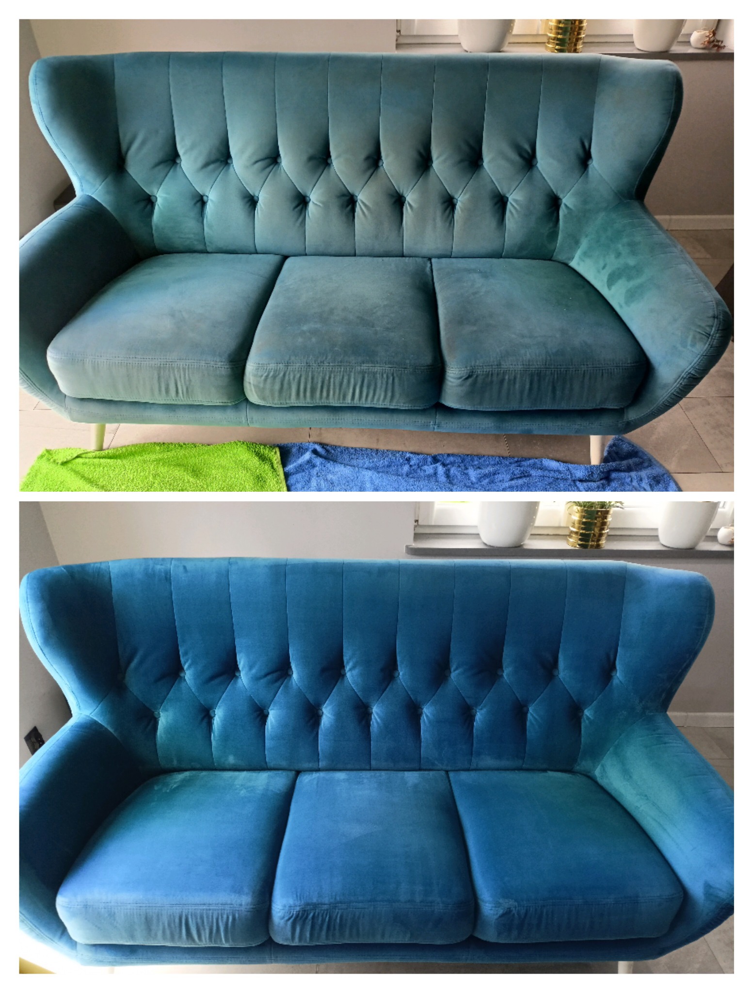 Porównanie stanu sofy z weluru przed i po czyszczeniu, widoczne różnice w odcieniu i świeżości koloru, z użyciem ręczników. Góra: sofa przed czyszczeniem, dół: sofa po czyszczeniu.