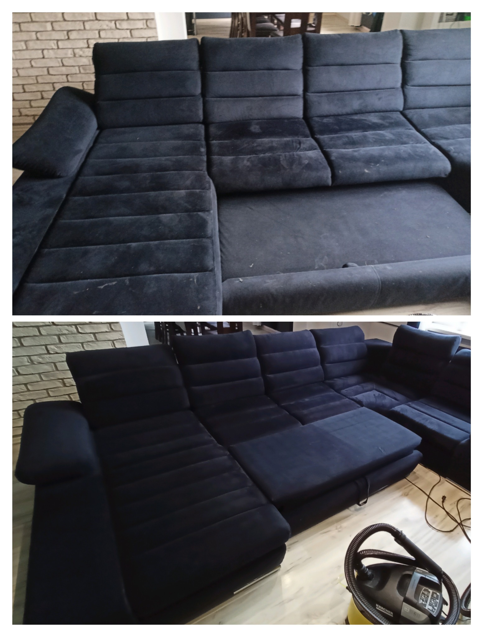 Dwuczęściowe ujęcie przedstawia fragment dużej, modułowej, ciemnogranatowej kanapy z weluru przed i po czyszczeniu. Górna połowa pokazuje zabrudzenia na powierzchni, dolna połowa prezentuje...