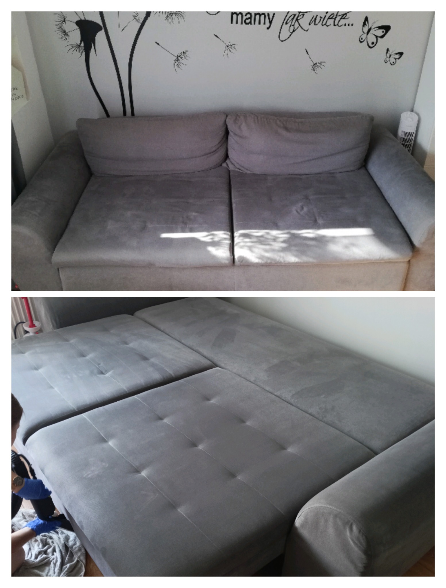 Szara rozkładana sofa z widocznymi śladami użytkowania przed czyszczeniem, na ścianie naklejka z dmuchawcami i napisem. Dolne ujęcie przedstawia fragment sofy po czyszczeniu z widocznymi guzikami...
