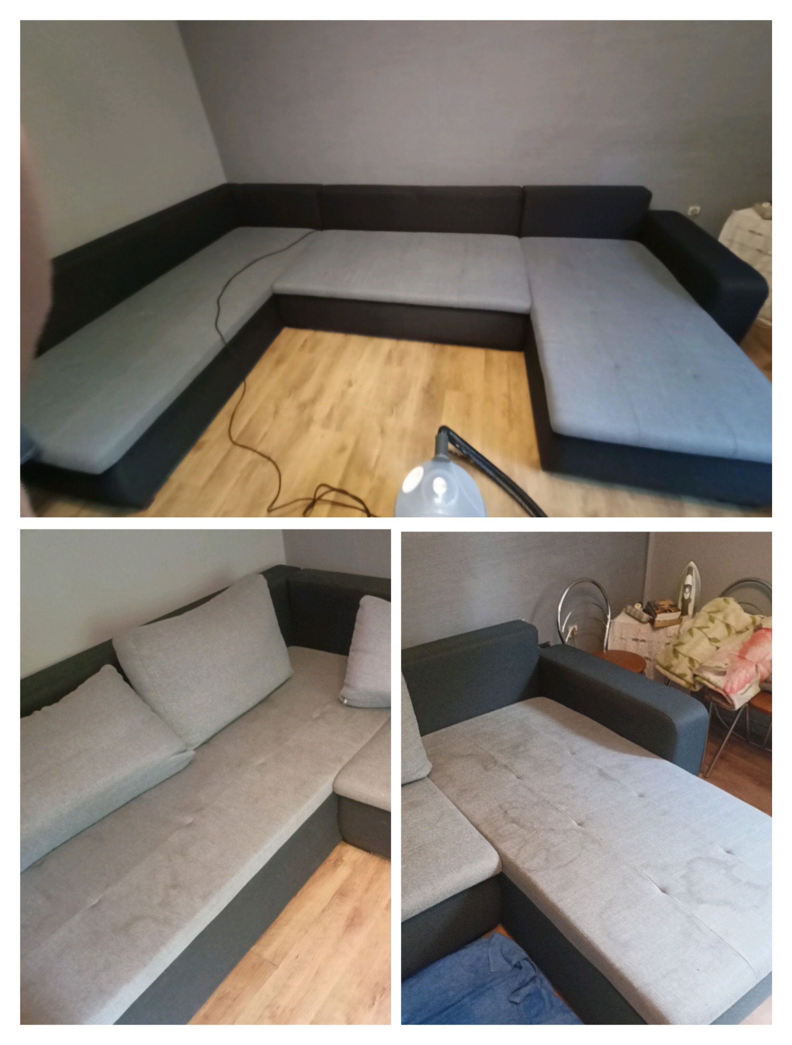 Szaro-czarny narożnik po praniu tapicerki, widoczne plamy i zaciekająca woda na jasnej tkaninie siedziska, w tle sprzęt do czyszczenia i susząca się odzież.