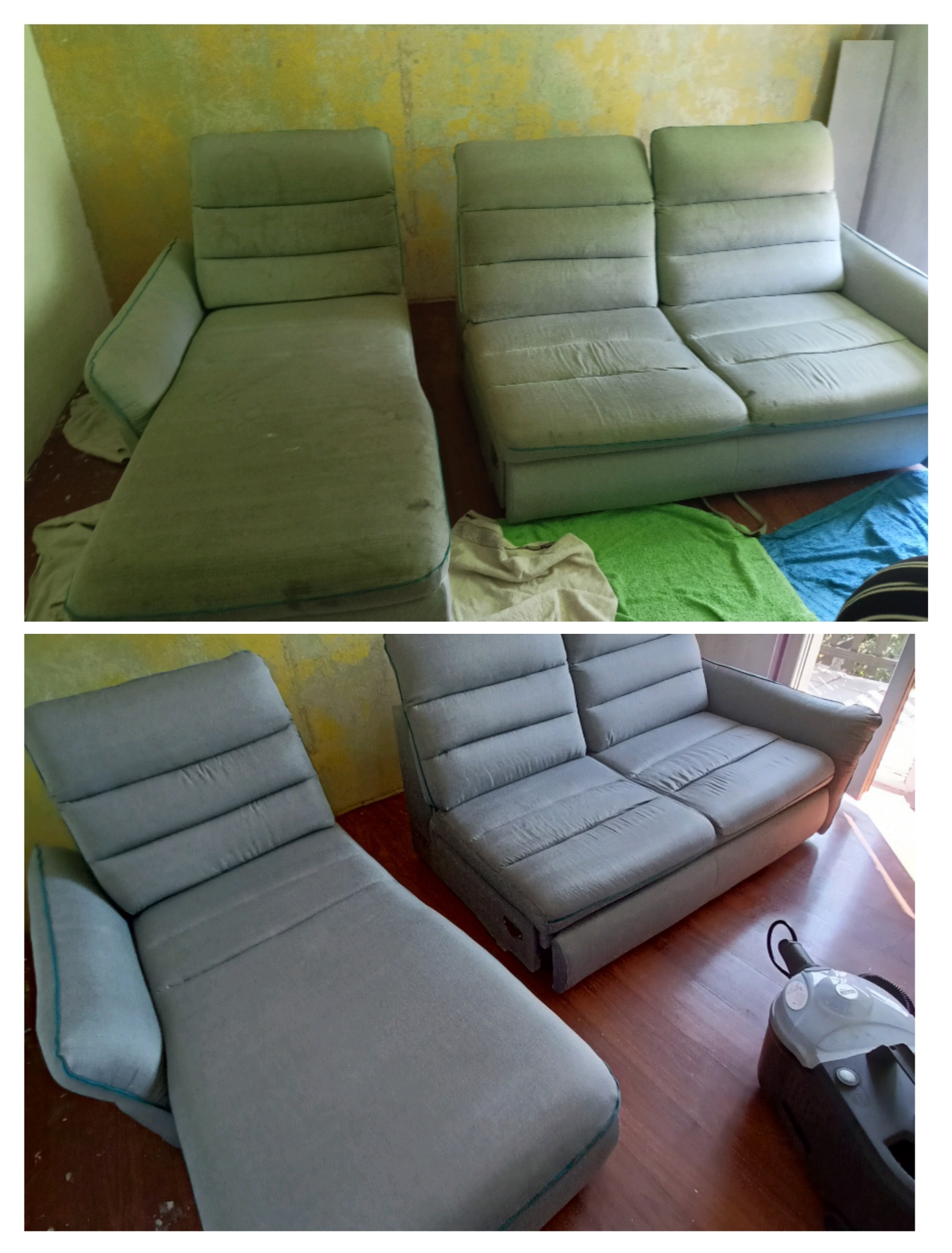 Dwu-częściowy zestaw wypoczynkowy: porównanie stanu przed i po czyszczeniu, z widocznym odkurzaczem do tapicerki na parkiecie.