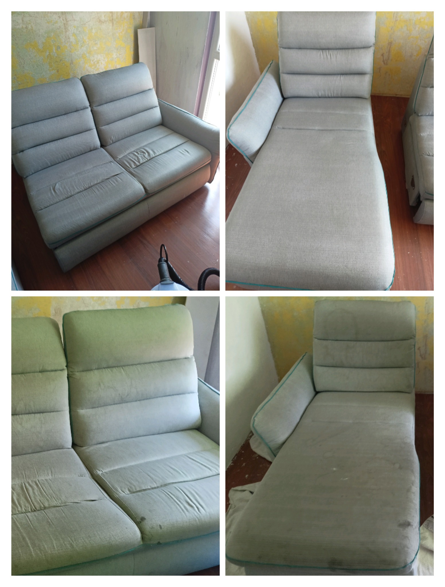 Kompozycja czterech ujęć szarej, dwuosobowej kanapy i leżanki tapicerowanej z turkusową lamówką: przed i po procesie czyszczenia, z widocznymi plamami na jednym z ujęć kanapy i odkurzaczem...