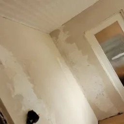 Ściana w trakcie nakładania gładzi, widoczne niedoskonałości i nierówności, przygotowanie do malowania, drzwi wewnętrzne z szybą w tle.