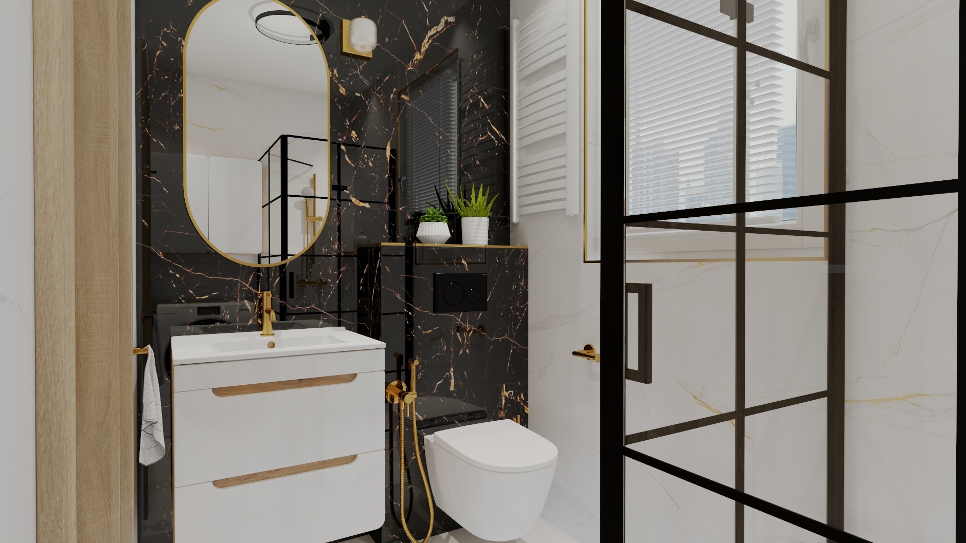 Elegancka łazienka z czarnymi marmurowymi płytkami i złotymi akcentami, owalne lustro z podświetleniem, biała umywalka z szafką, wisząca toaleta i kabina prysznicowa z czarnymi ramami.