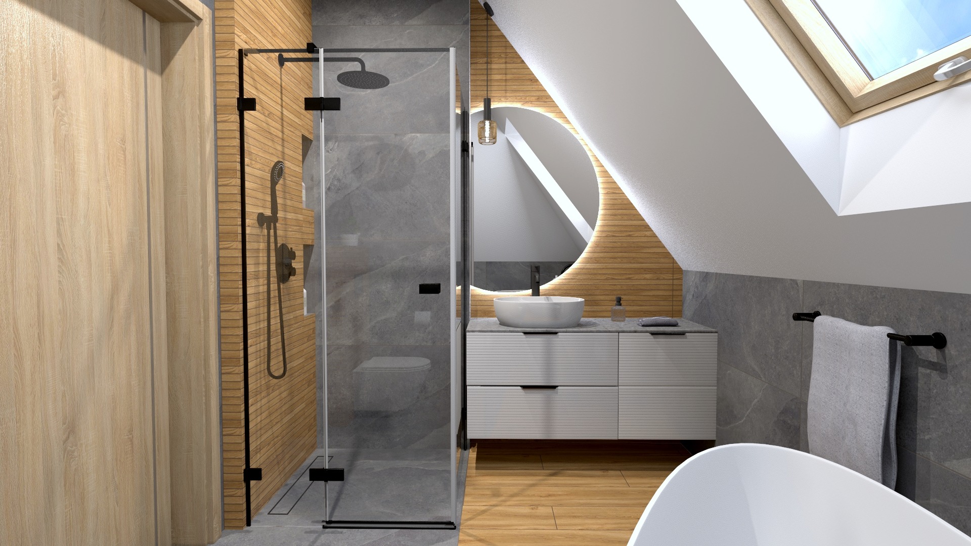 Wizualizacja nowoczesnej łazienki w Płocku na poddaszu ze skośnym sufitem i oknem dachowym, z kabiną prysznicową typu walk-in, umywalką nablatową na szafce z szufladami oraz okrągłym lustrem...