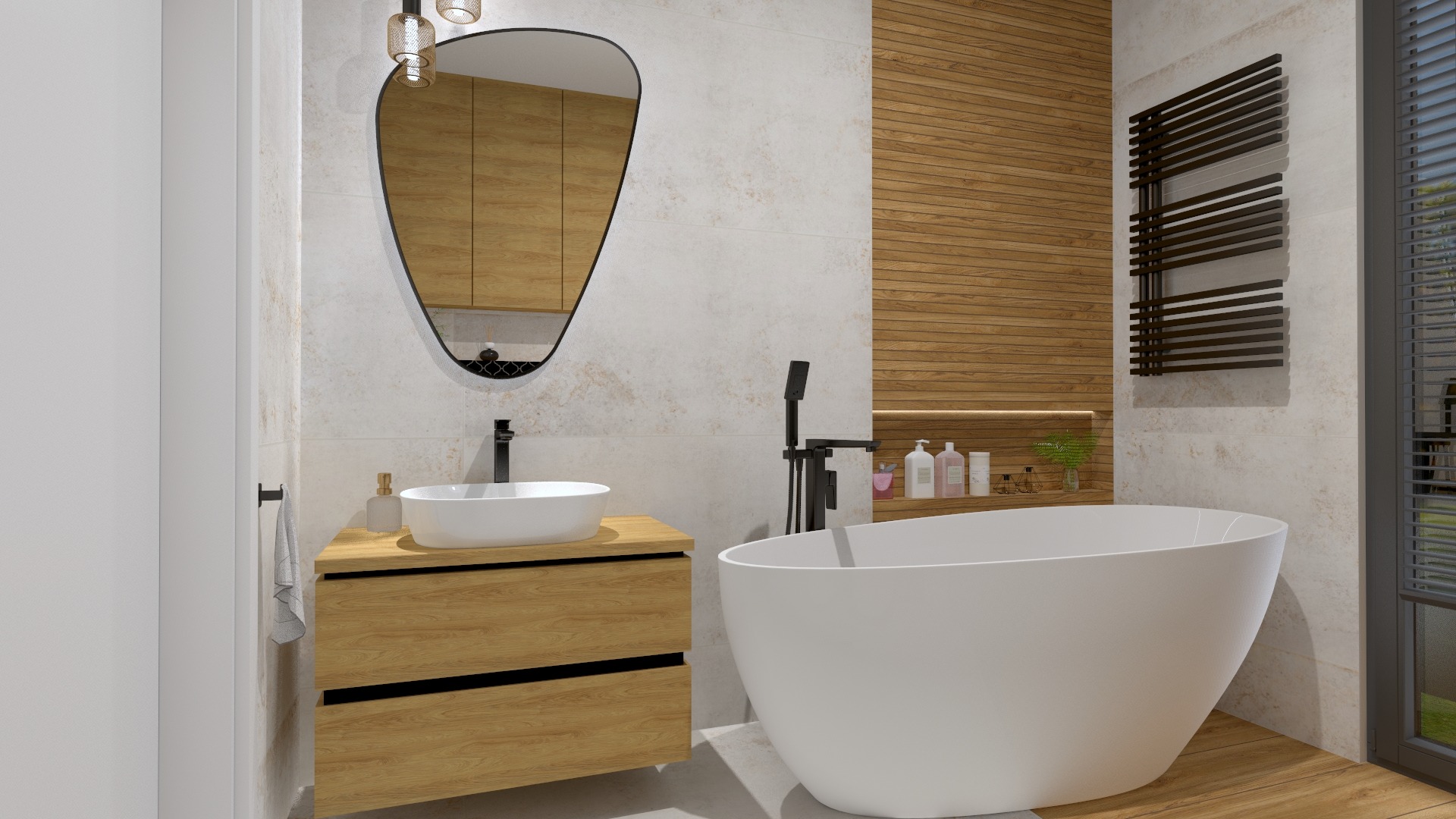 Nowoczesna łazienka z wolnostojącą wanną, umywalką nablatową na drewnianej szafce z ciemnymi uchwytami, asymetrycznym lustrem w czarnej ramie oraz drewnianą okładziną ścienną.